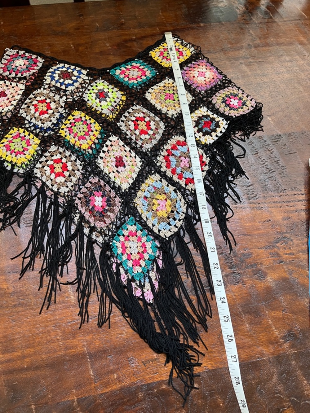 Handmade Crotchet Poncho Shawl Granny Square Fringe Multicolor/Black Beaded OS - Picture 9 of 12